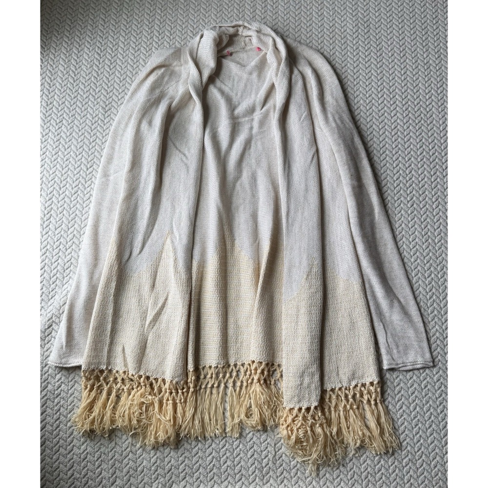 Lilly Pulitzer Womens Sweater Tatum Long Fringe Cardigan Beige Metallic Size M